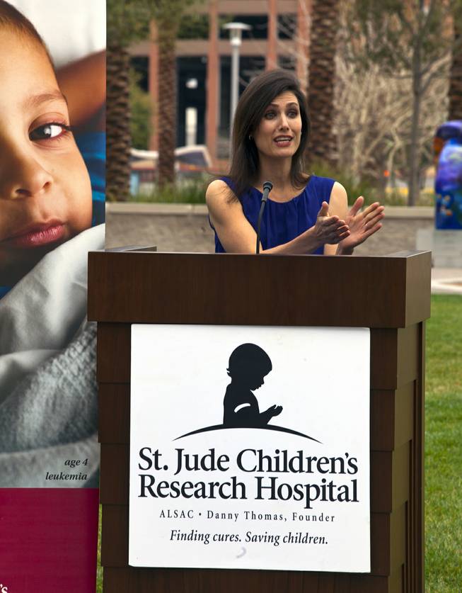 Lainie Strouse with the Pacific Coast Region of St. Jude Childrens Research Hospital speaks during the unveiling of their new 2014 Sculpture Collection titled "Celebration of Life" at The Smith Center on Thursday, March 06, 2014.
